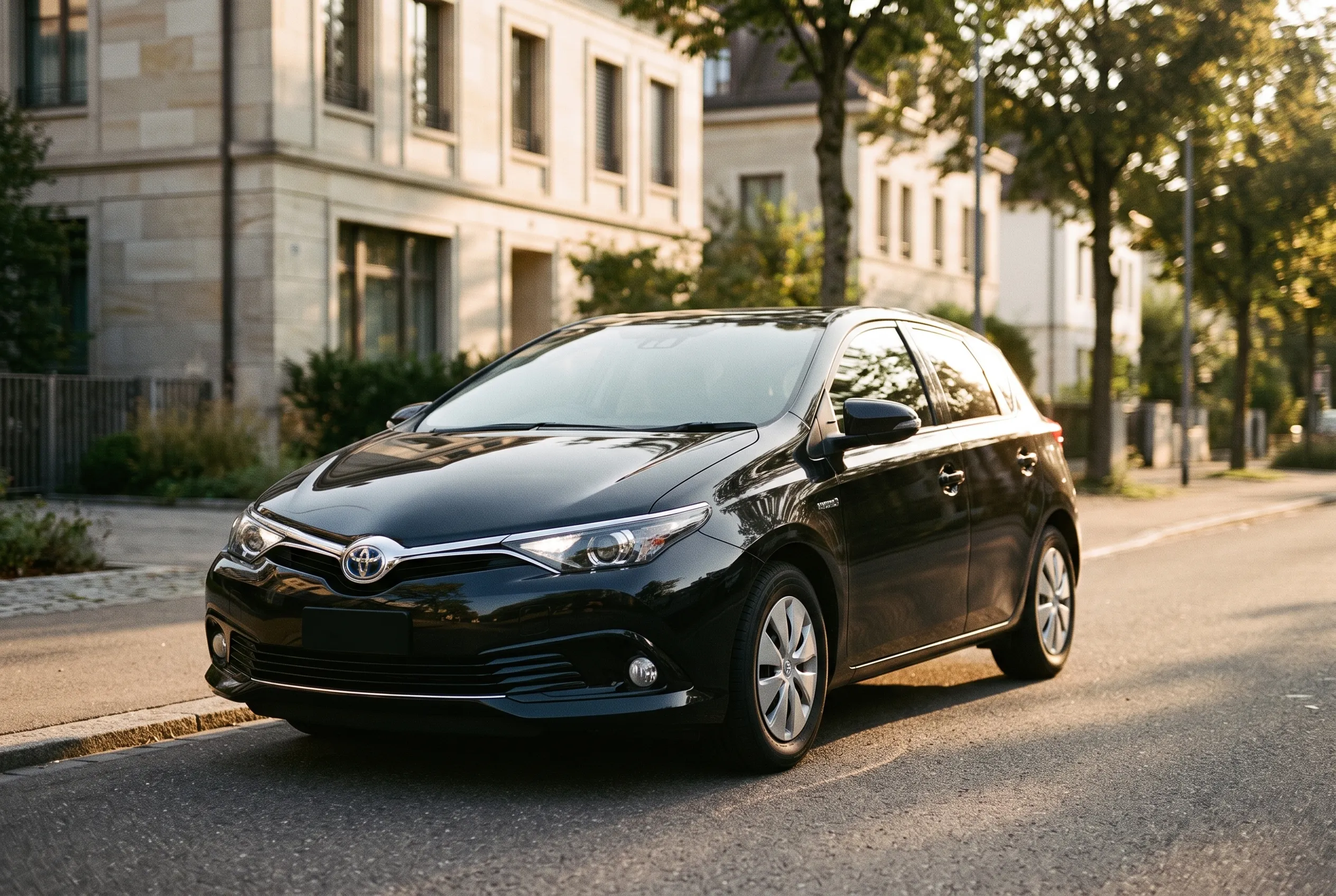 Toyota Auris Hybrid nera in una tranquilla strada alberata di Zürich all'ora d'oro