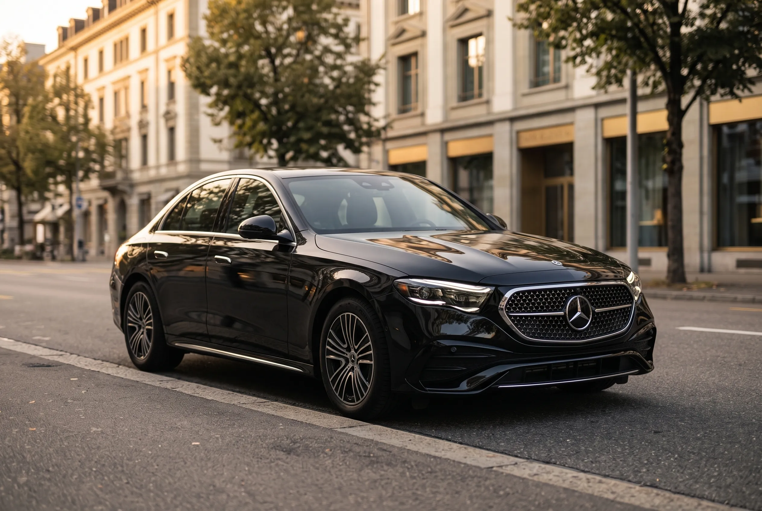 Berlina business Mercedes-Benz E-Class nera in un elegante viale di Zürich all'ora d'oro