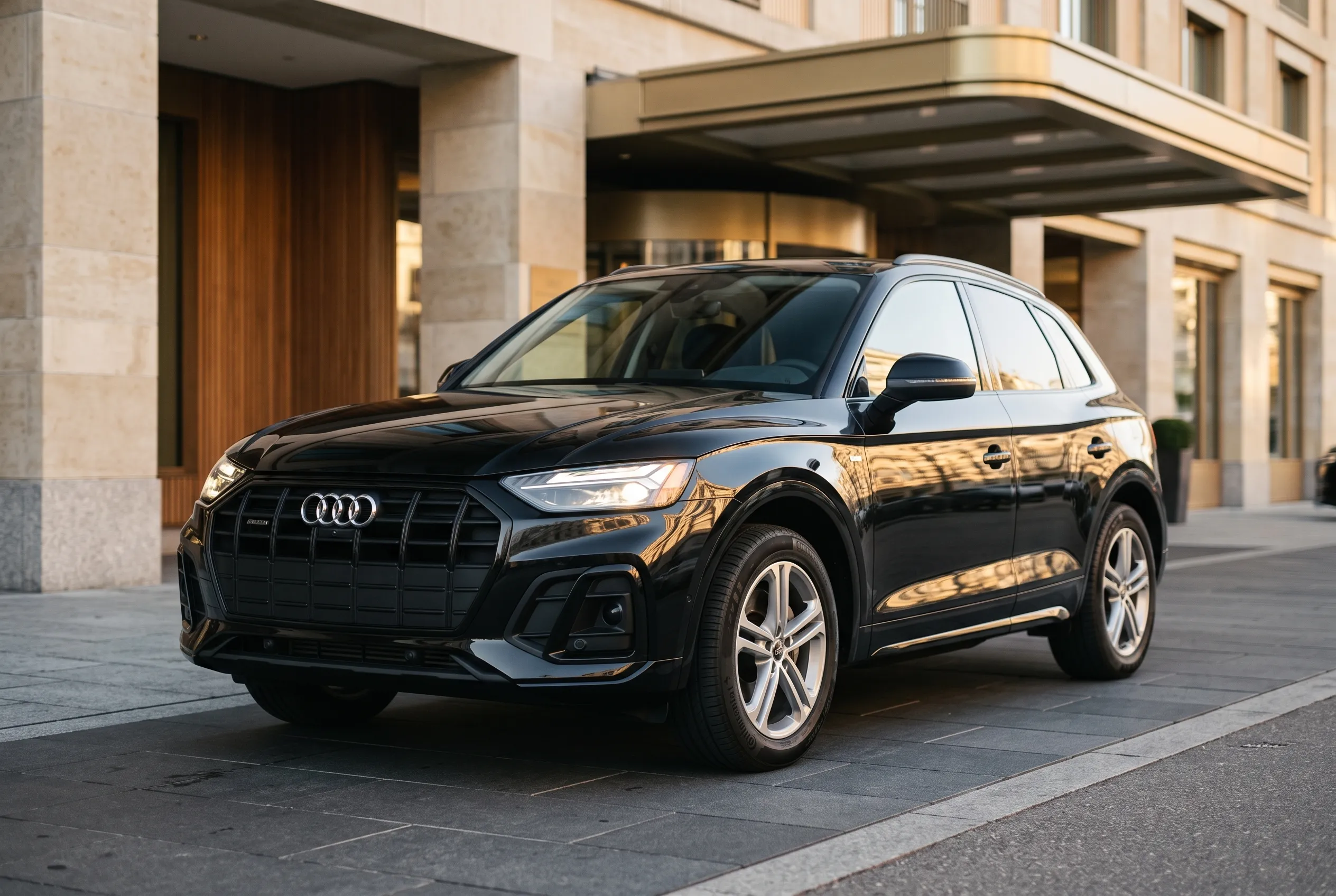 SUV Audi Q5 nero all'ingresso di un hotel a cinque stelle di Zürich all'ora d'oro