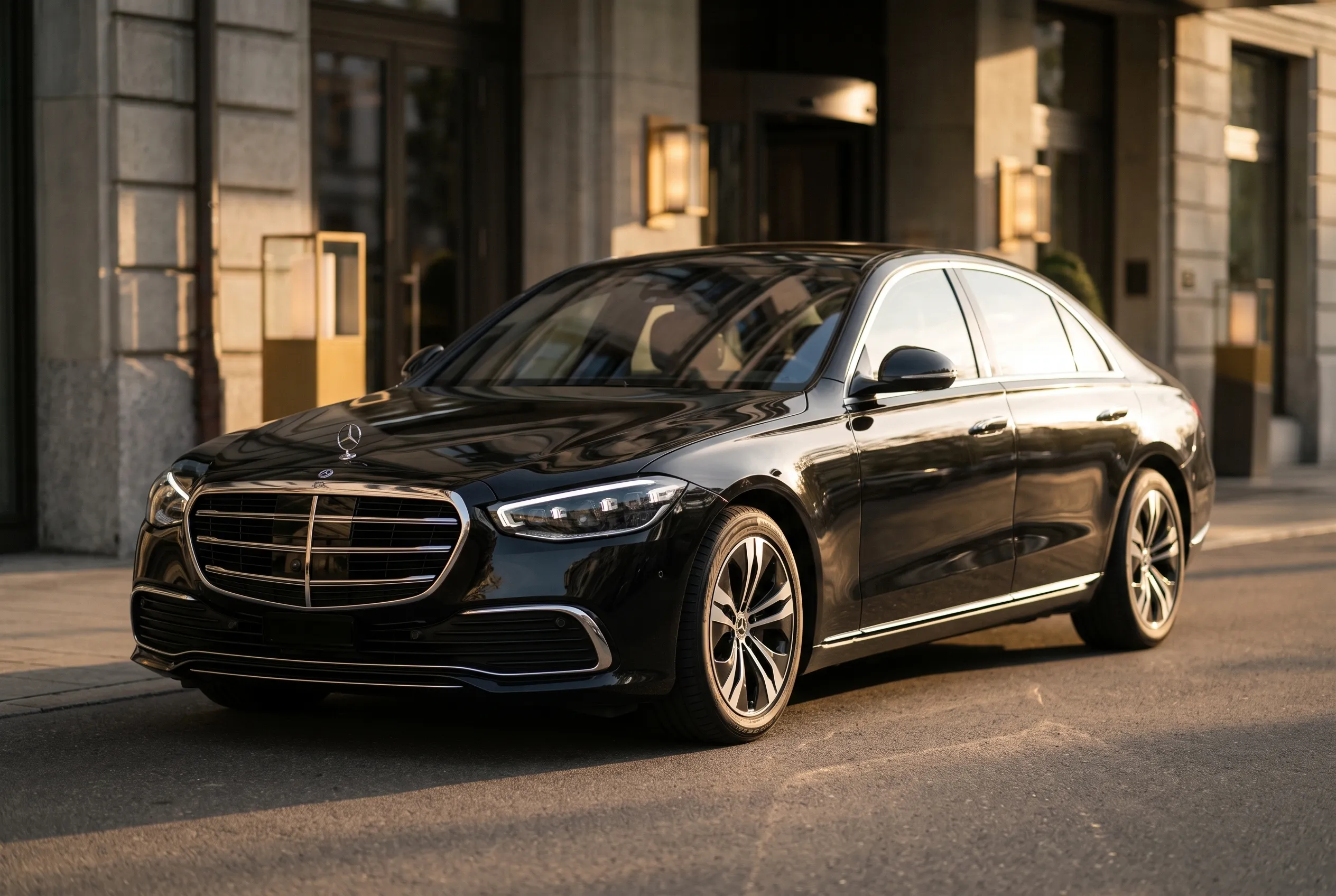 Berlina di prima classe Mercedes-Benz S-Class nera all'ingresso di un hotel a cinque stelle di Zürich all'ora d'oro