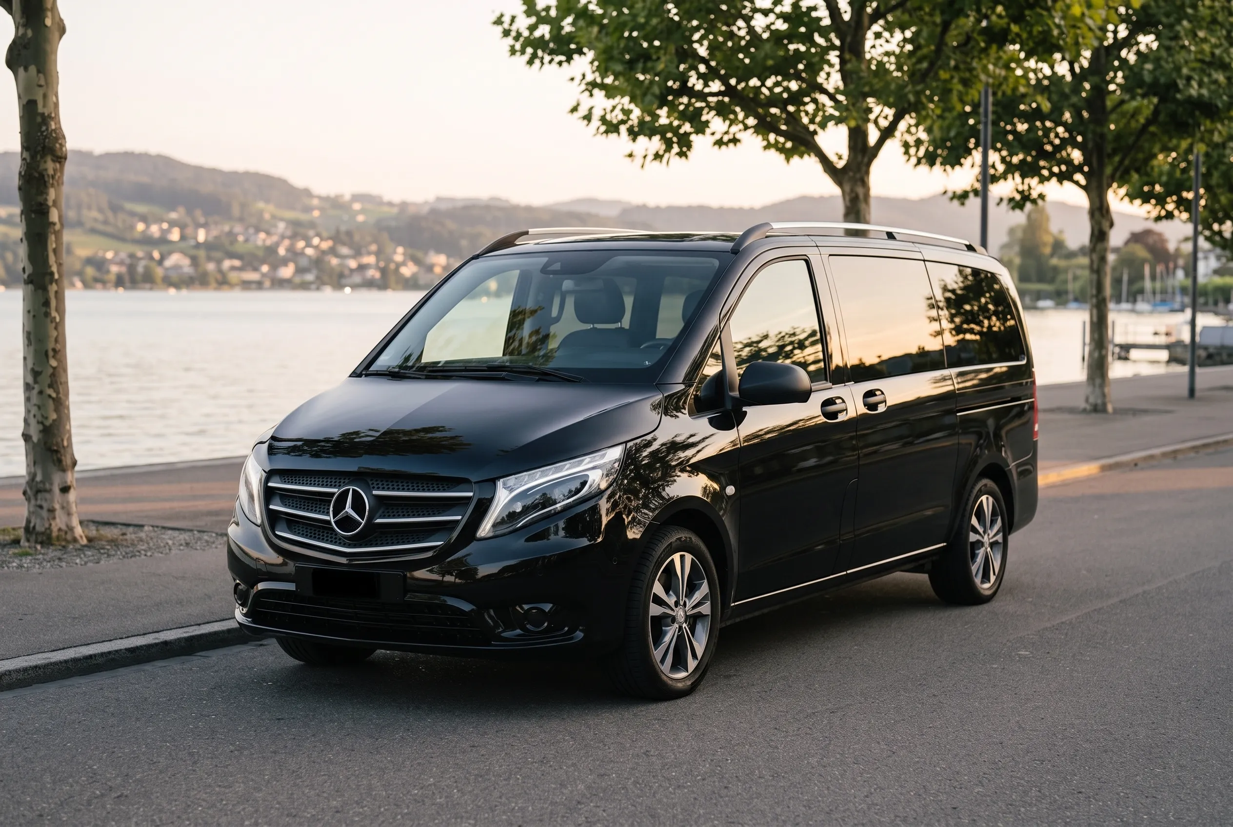 Van di lusso Mercedes-Benz V-Class nero su una passeggiata del lago di Zürich all'ora d'oro