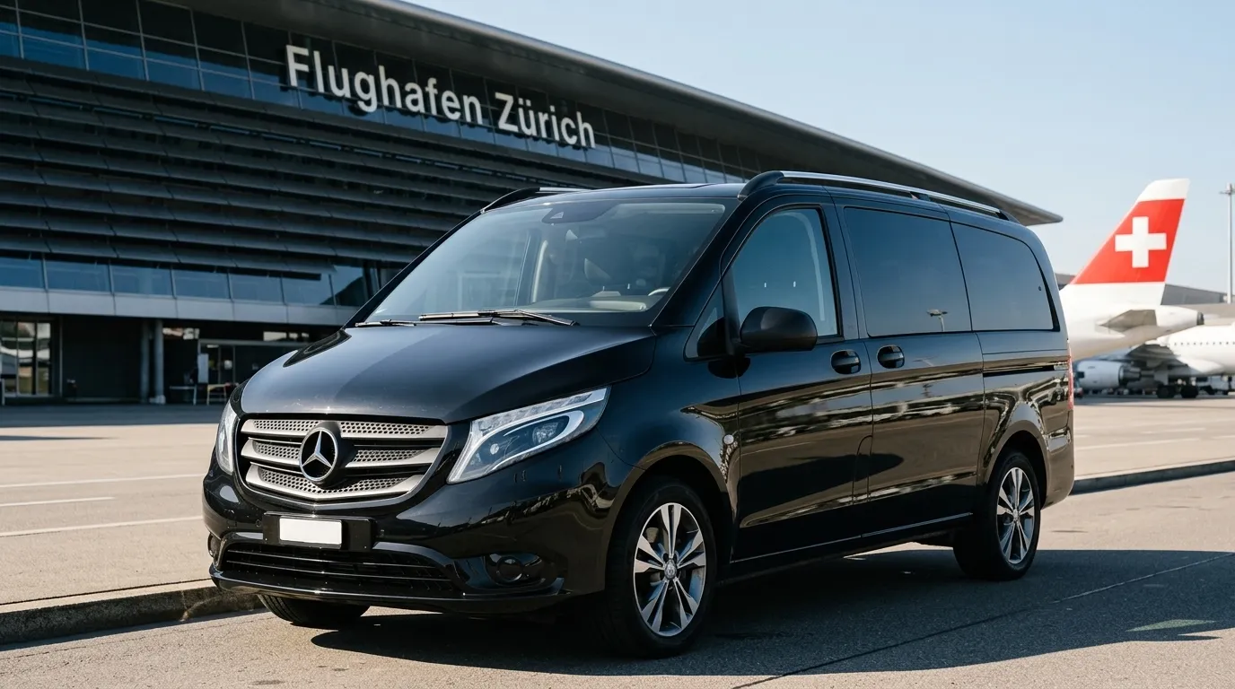 Van Mercedes nero parcheggiato al terminal di Zürich Airport, con la coda di un aereo svizzero sullo sfondo